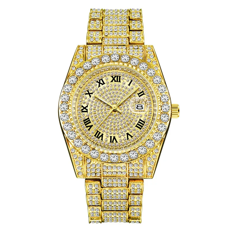 

Genuine Big Brand Watches For Men Hip Hop Full Diamond Luxury Golden Date Quartz Vintage Wrist Watch Relogios Masculinos 2024