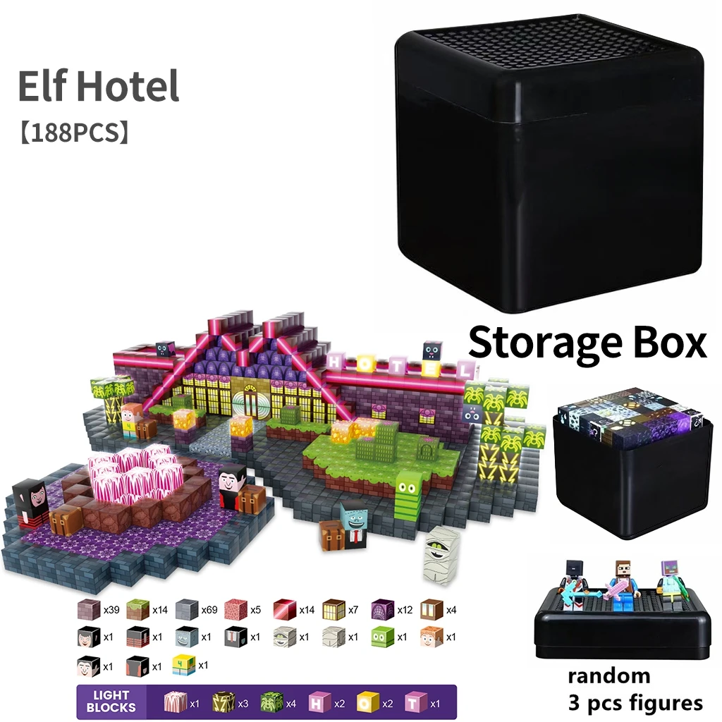 Elf Hotel Modello architettonico Blocchi magnetici con luci Giocattoli fai da te Regalo per bambini