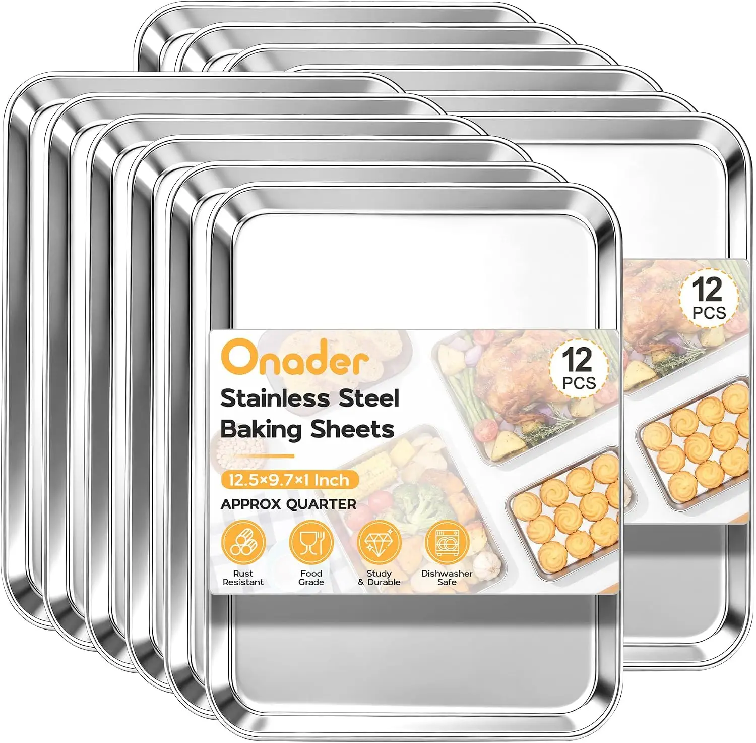 

12-Pack Stainless Steel Quarter Sheet Pan Set, 9x13 Inch Baking Trays for Toaster Oven, Heavy Duty & Dishwasher Safe