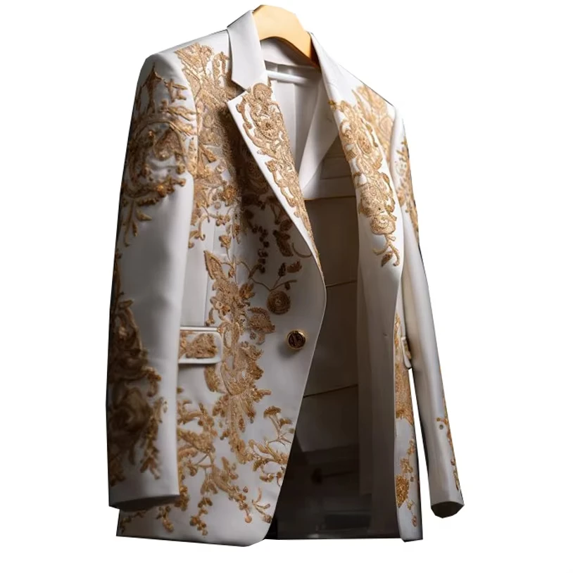 Luxury Men's Suit Gold Exquisite Embroider Business One Piece Men Blazer Jacket Tailor-Made Groom Formal Occasions Customized