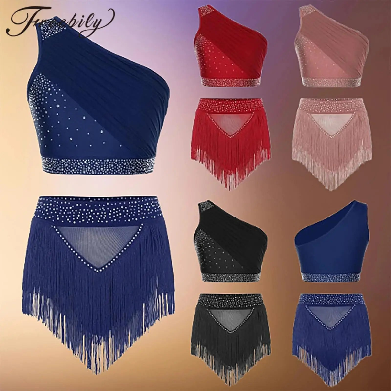 

Women Skirts Suits Outfit Cha-cha Latin Dance Ballroom Dress Skating Dancing Costume Crop Top + Shorts Tassel Dancewear Sets