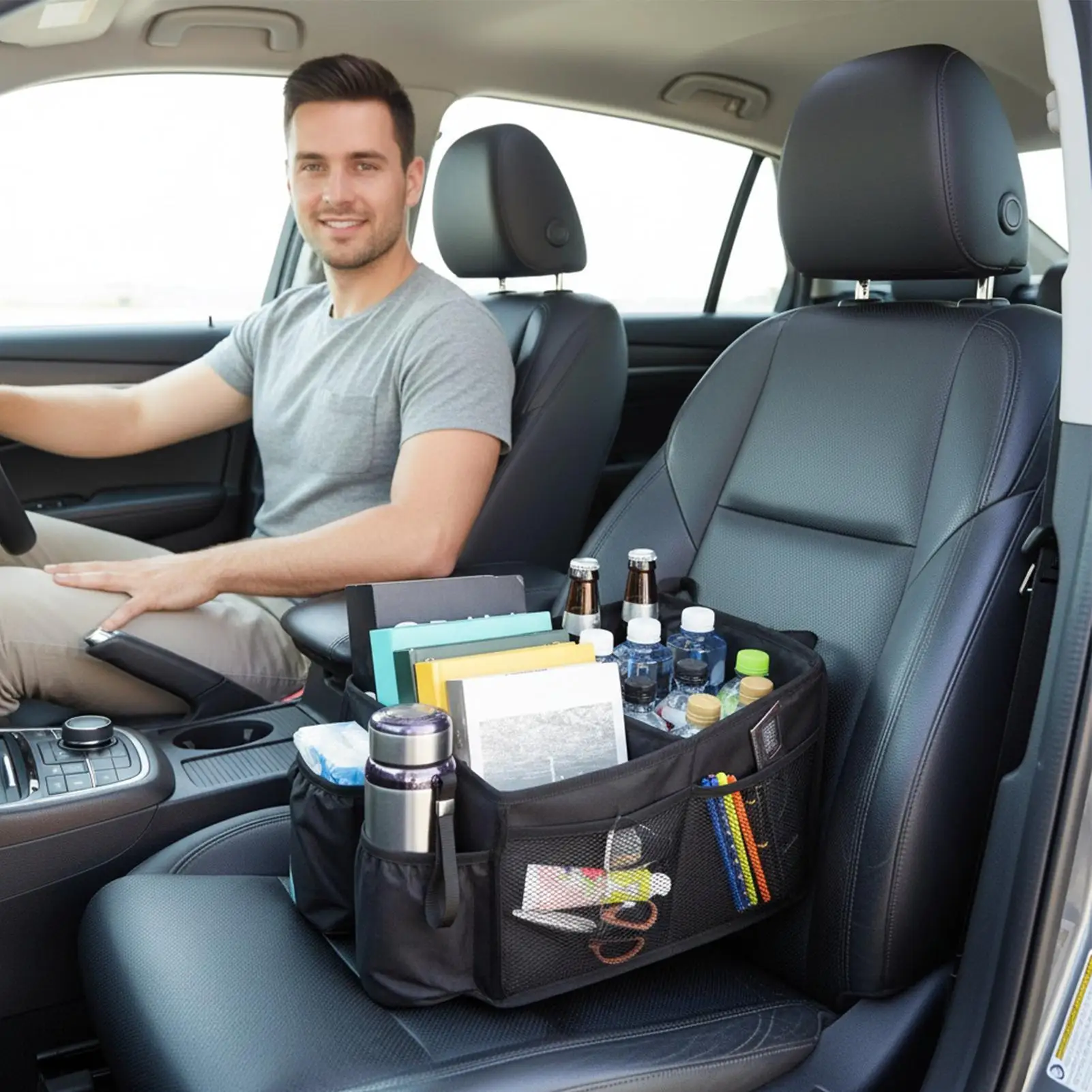 

Car Seat Storage Organizer Foldable Multi-Compartment Storage Caddy With Handle Console Seat Organizer For Toys Tissues Snacks