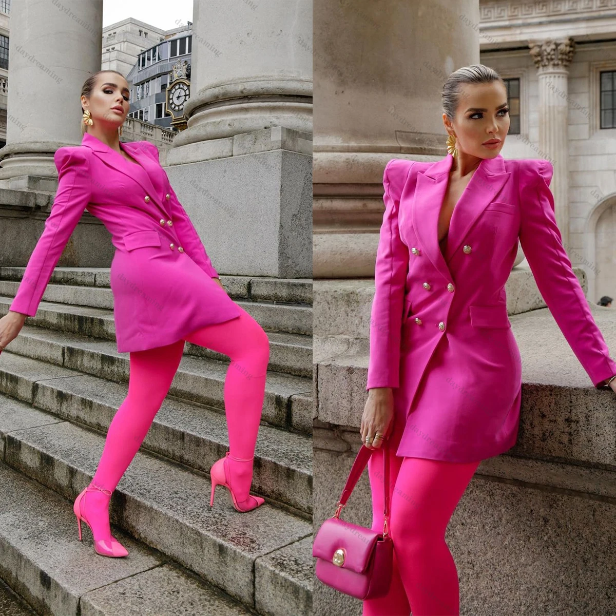 Abrigo largo de una pieza para mujer, Blazer de doble botonadura con solapa de pico, conjunto de traje ajustado informal Vintage a la moda, por encima de la rodilla, hecho a medida