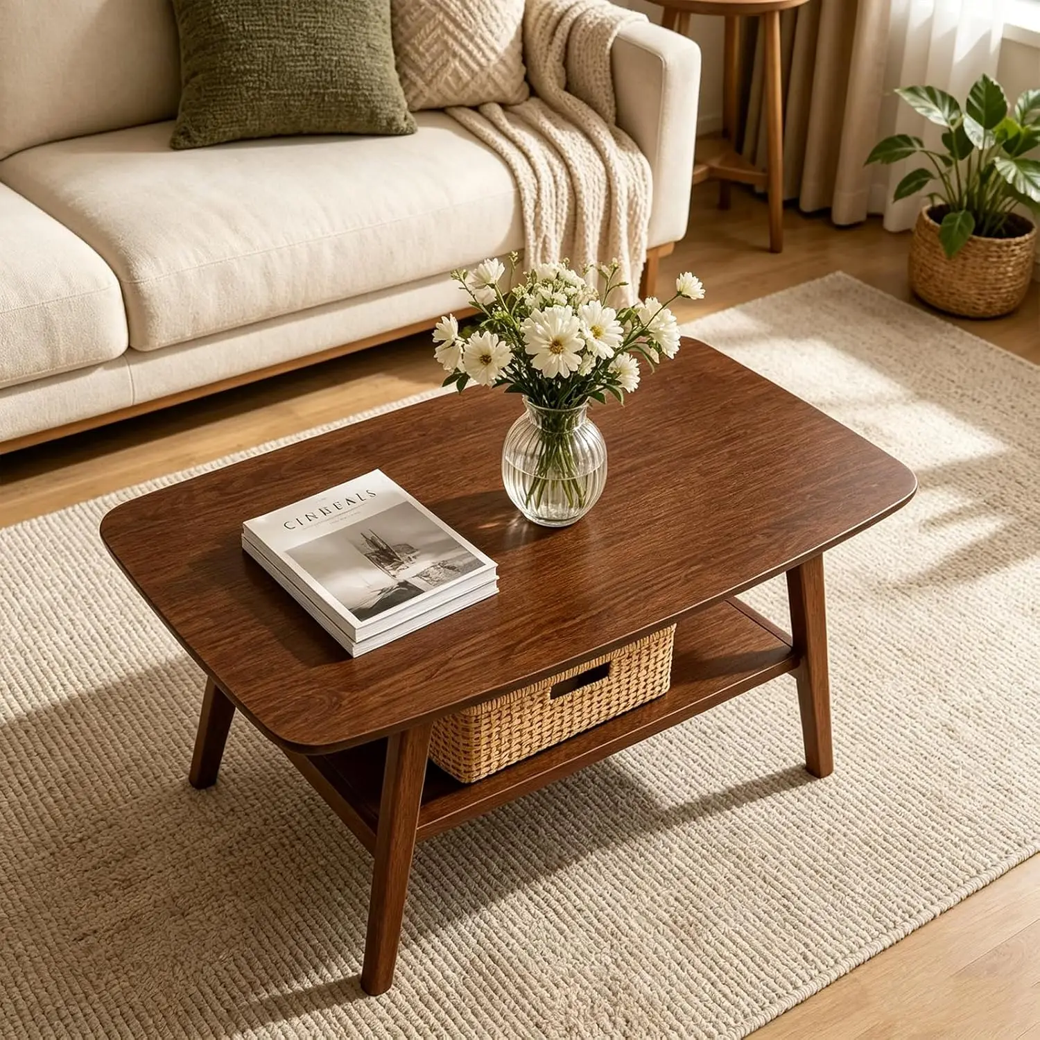 Walnut Finish Solid Wood Coffee Table 2-Tier Storage Shelf Rectangular Mid Century Modern Living Room 39