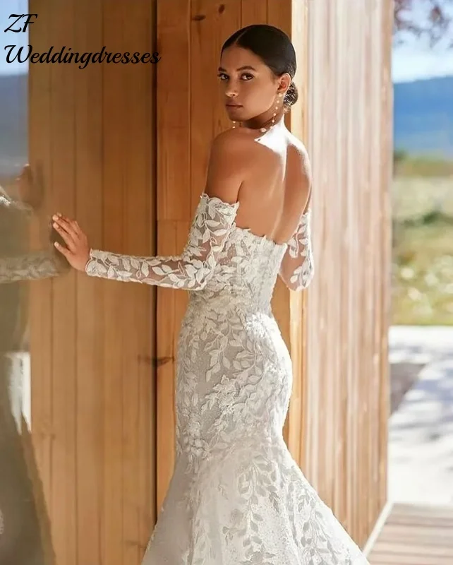 Vestidos de novia de sirena con Apliques de encaje elegantes personalizados para novia desmontable mangas largas Vestido de novia