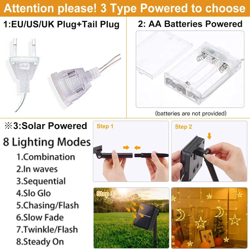 Moon Star Lamp LED Solar Fairy Curtain Light Outdoor 8-Mode Waterproof Timer Remote Control for Porch Window Backyard Tent Decor