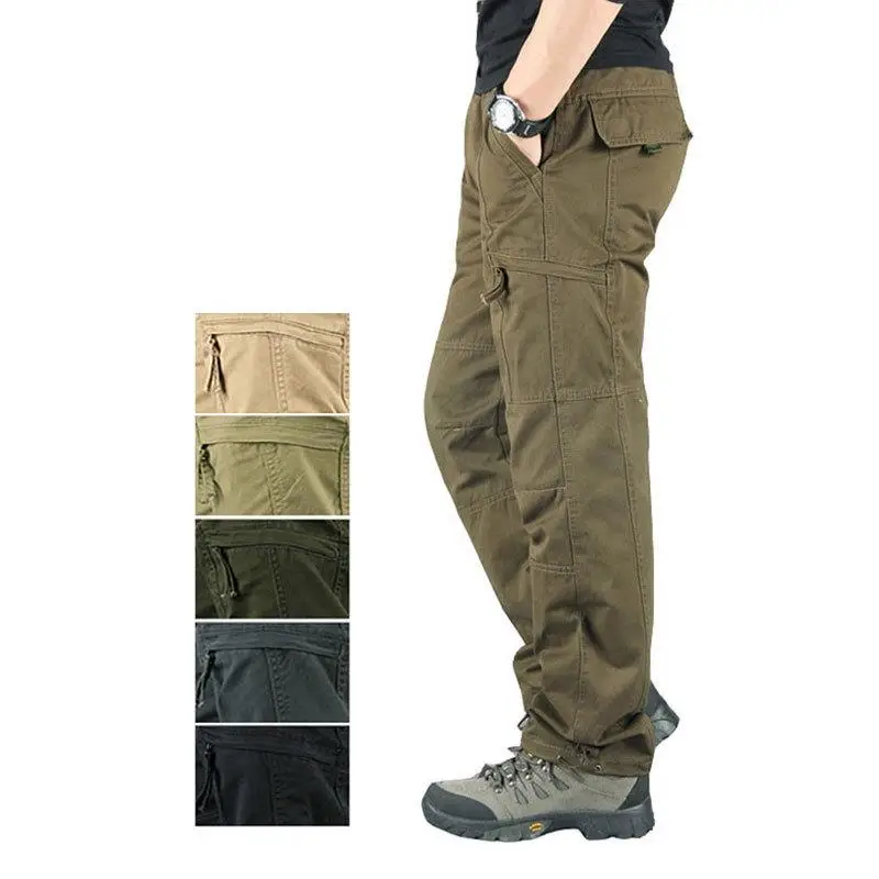 

Men's Work Pants Elastic Waist Multiple kets Straight Leg Loose Fit Casual Trousers Cotton Fabric Workwear Khaki Color