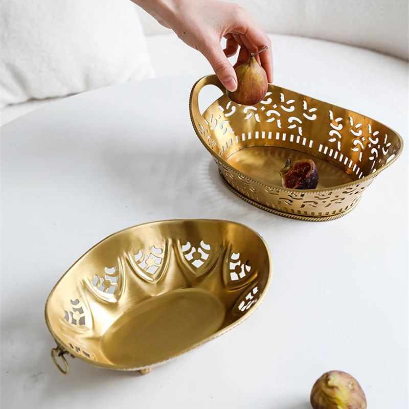 Brass Storage Tray Embossed Hollow Brass Fruit Plate Retro Palace High Foot Storage Tray Home Decoration Ornaments Handicrafts