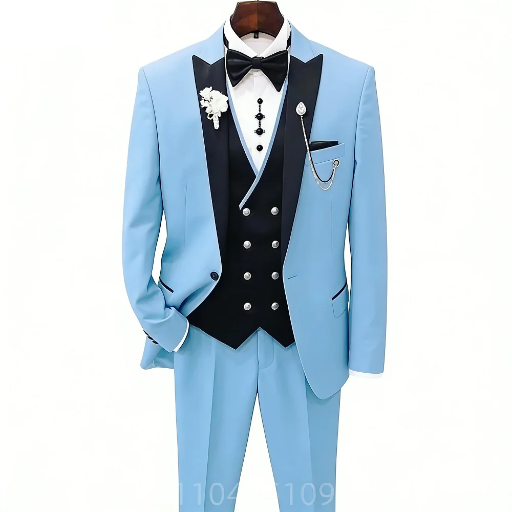

Wedding Suits for Men Peak Lapel Jacket Double Breasted Vest Pants 3 Pieces Groom Tuxedos Male Fashion Busienss Suit Party Sets