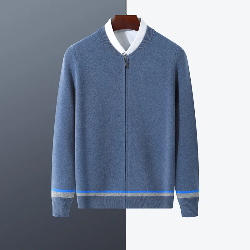 Autumn And Winter New Men's 100% Pure Wool Baseball Collar Cardigan Sweater Coat LeisureContrast Sweater
