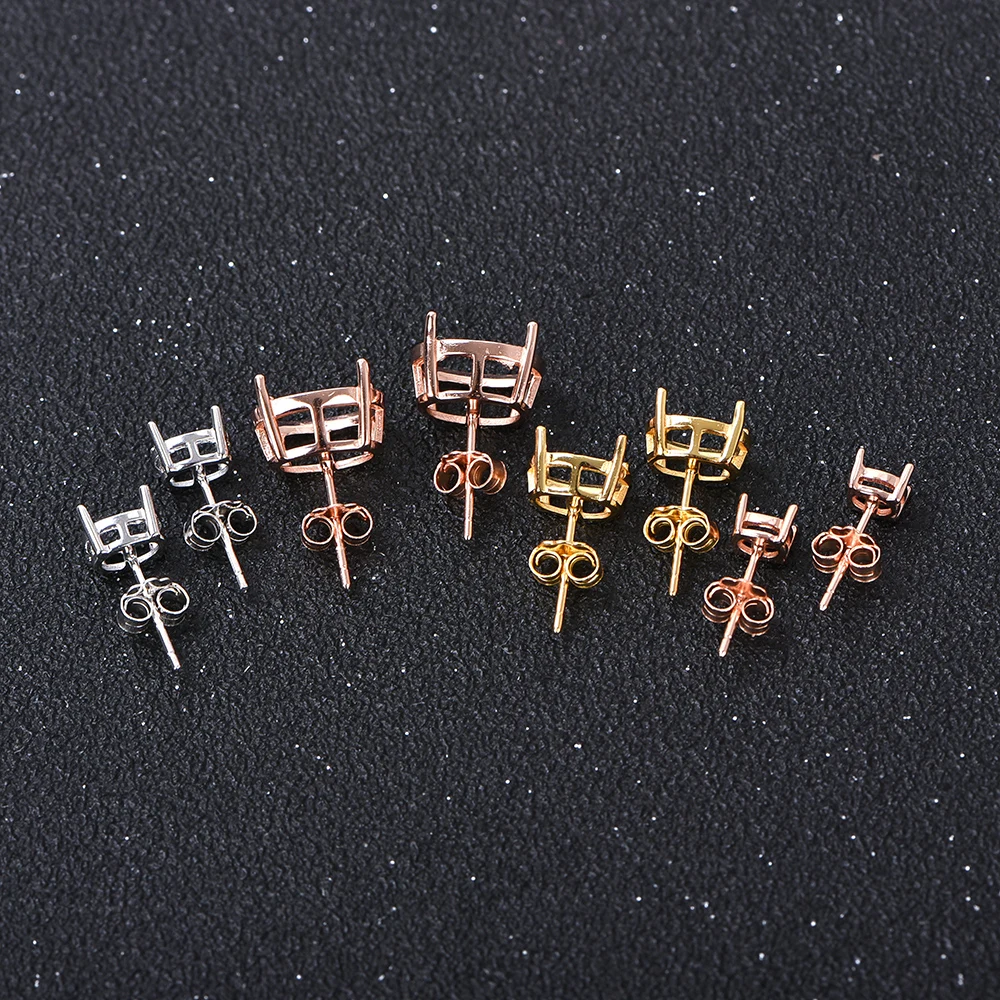 Oval 4-prong silvery Golden Rose golden color solid 925 sterling silver stud earring settings DIY jewelry supplies