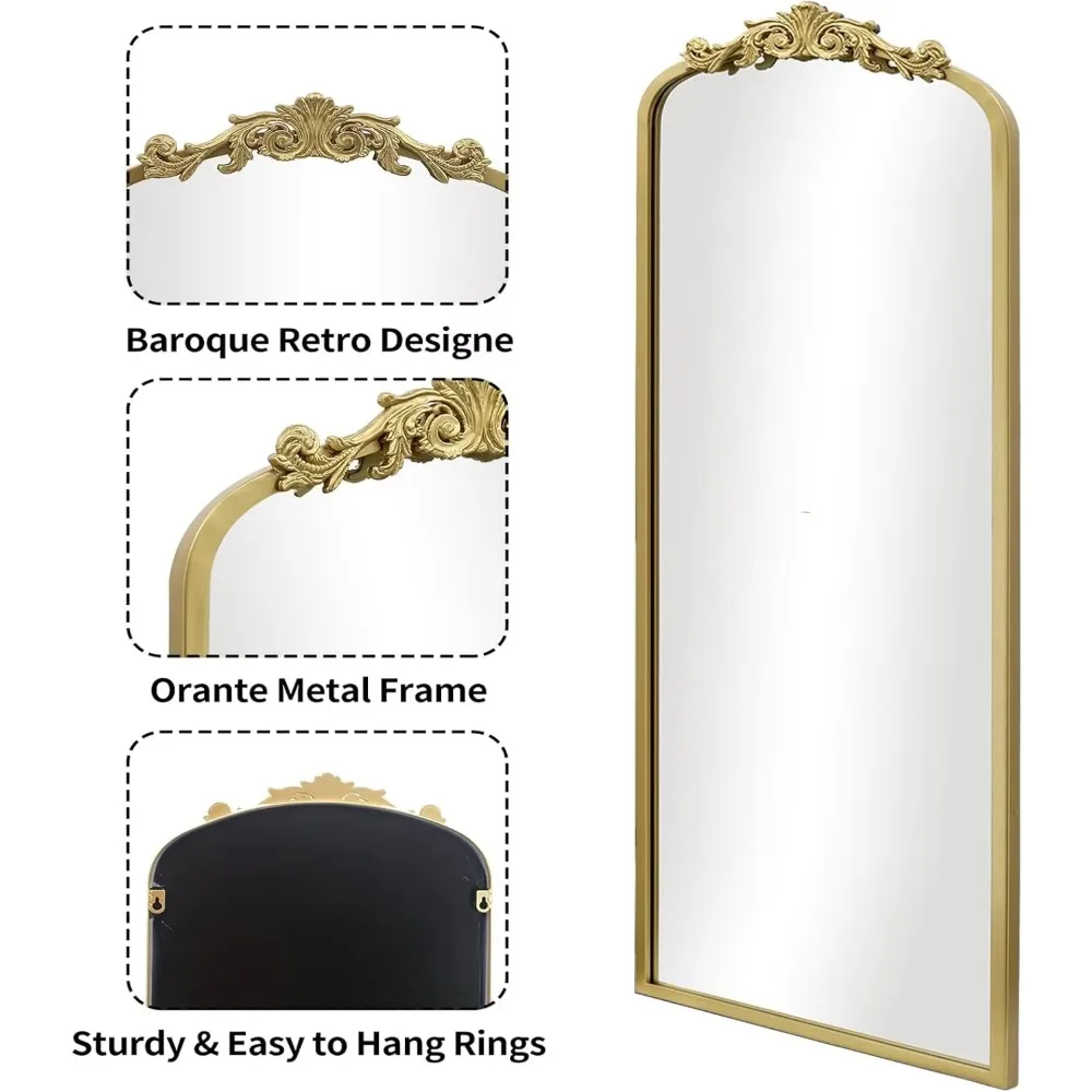 Gouden antieke full-length spiegel, 22"x65" traditionele elegante vloer retro spiegel, prachtig matel frame, barokke stijl woondecoratie