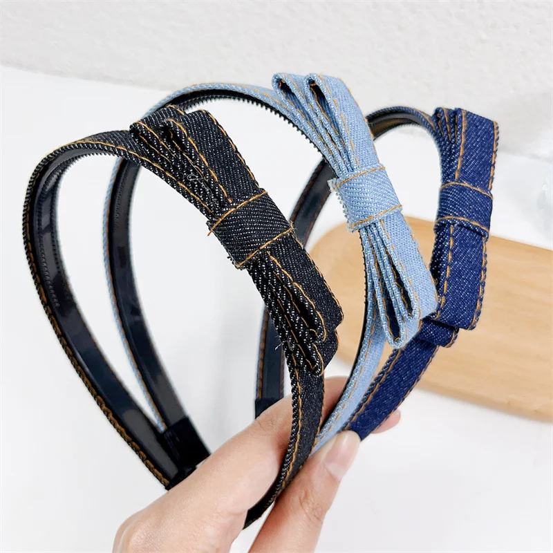 1.5cm Simple Antislip Toothed Head Hoop Side Denim Bow Knotted Headbands for Women Girls Daily Shopping Hair Hoop Accessories