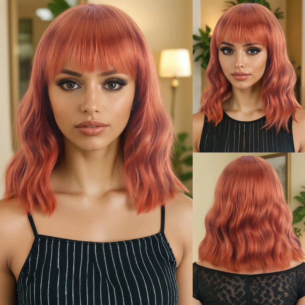 

14英寸 Short Water Ripple Synthetic Wig Glue-Free Scalp Comfort Heat Resistant and Durable with High Density Bangs