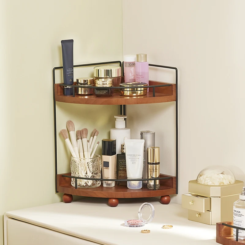 

Metal & Wood Spice Rack Vintage Kitchen Storage Shelf Countertop Cup Holder Durable Makeup & Tea Corner Stand