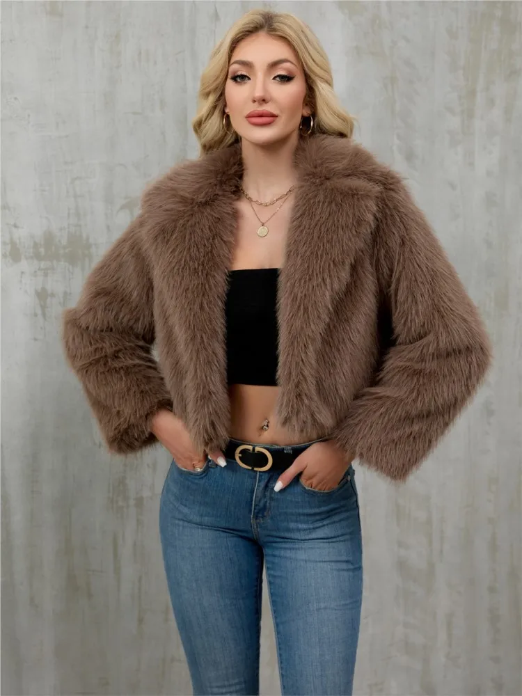 

Fashion Stand-up Collar Long-sleeved Imitation Fur Cardigan Coat Women Autumn Winter New Solid Color Zipper Casual Coats Female