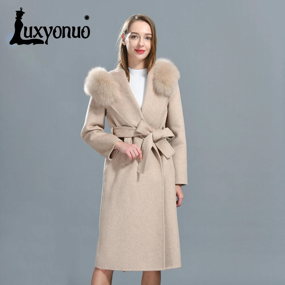 

Luxyonuo Women's Wool Coat Real Fox Fur Trim Fall Winter Fashion Hooded Cashmere Blend Long Trench Coats Ladies Outwear Female