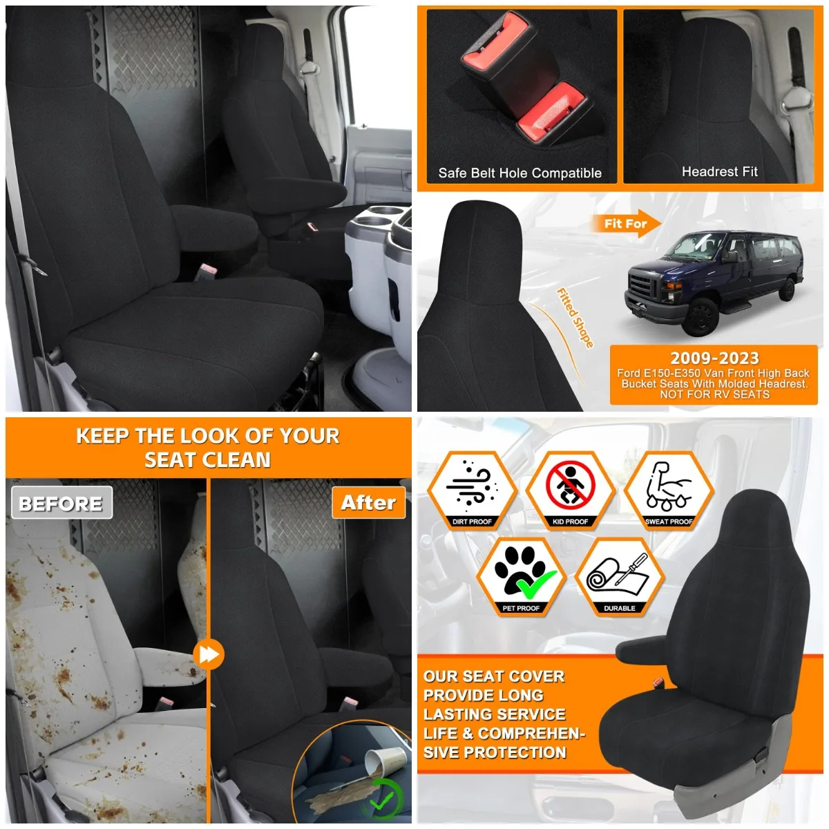 

Чехол на сиденье для Ford E150-E350, передние сиденья-ковши с высокой задней частью 2009-2022 годов, голландский бархат с формованным подголовником