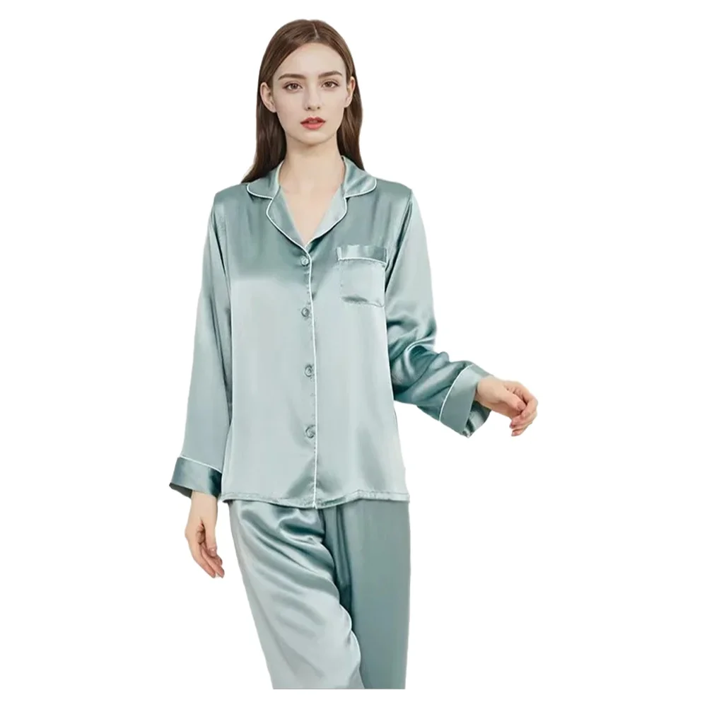 Damen 100% Maulbeerseide Pyjama-Set Langarm-Hose 6A-Qualität Frühling Sommer Luxus-Loungewear Atmungsaktiv Tragbar für Draußen