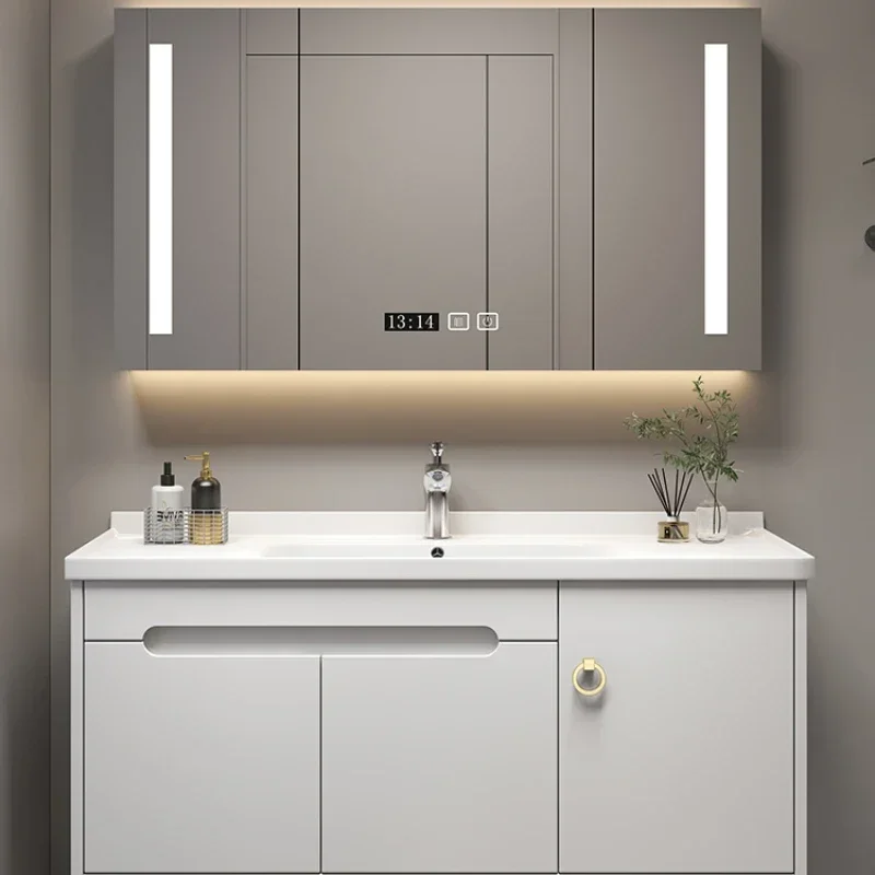 

Solid Wood Ceramic Integrated Basin Bathroom Cabinet Modern Simple Intelligent Washbasin Cabinets Combination Furniture