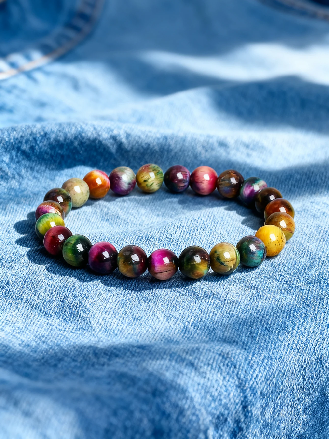 قوس قزح عين النمر سوار الخرز الحجر الطبيعي اليدوية الطاقة الريكي شفاء لحماية الحظ السعيد مجوهرات الطاقة الإيجابية #3