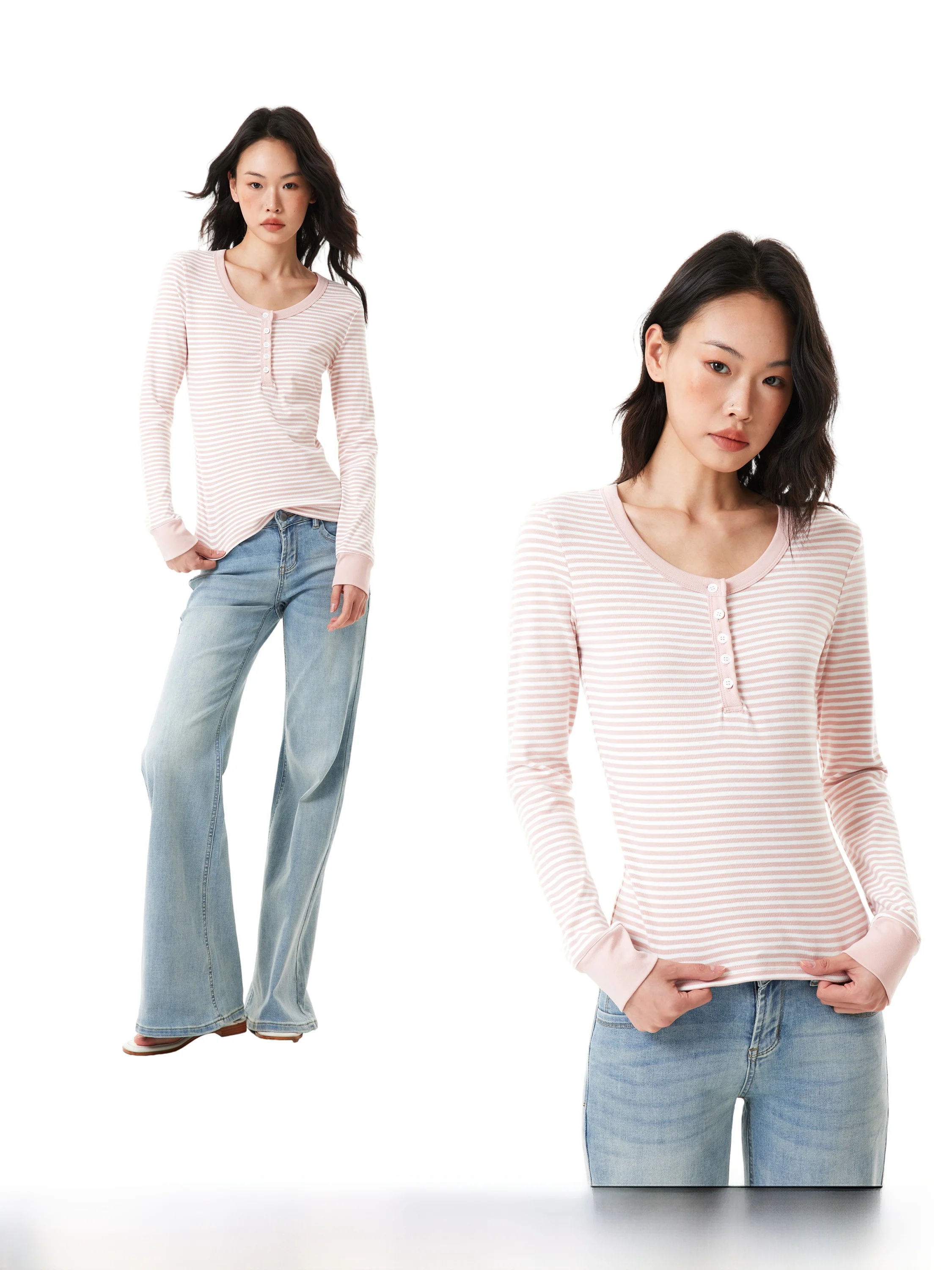 

GOGOBURN Women's Pink Long Sleeve Henry Collar Striped T-shirt Slim Fit Base Layer Top Casual Style Spring 2026 Collection