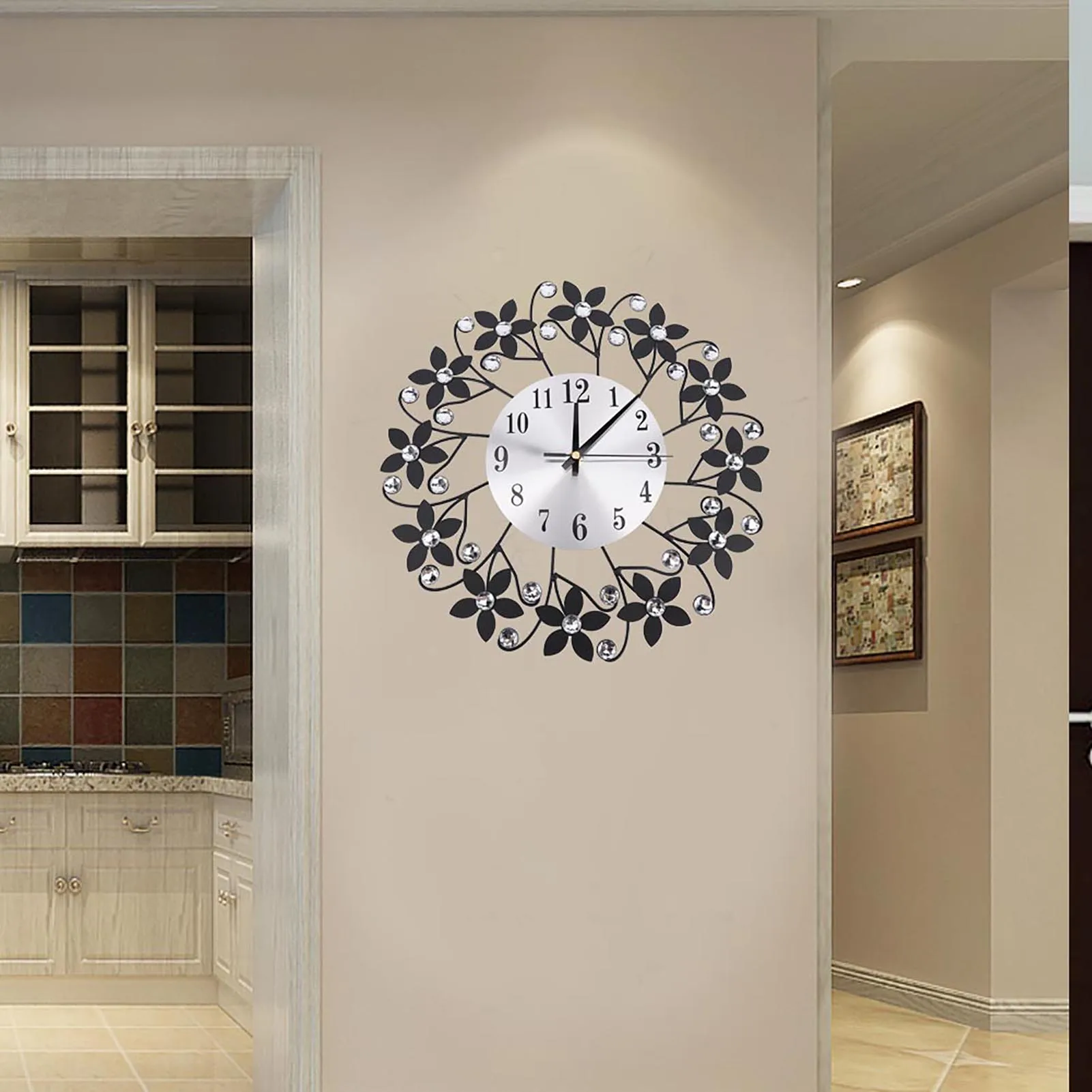 Modern Metal Wall Clock Crystal Home Office Decor Silent Metal Wall Clock