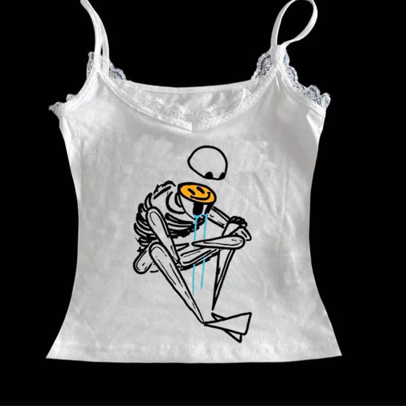 الصيف المرأة أزياء الشارع القوطية بروتيل أعلى رسمت باليد خمر الهيكل العظمي نمط المطبوعة سترة Y2k الملابس #5