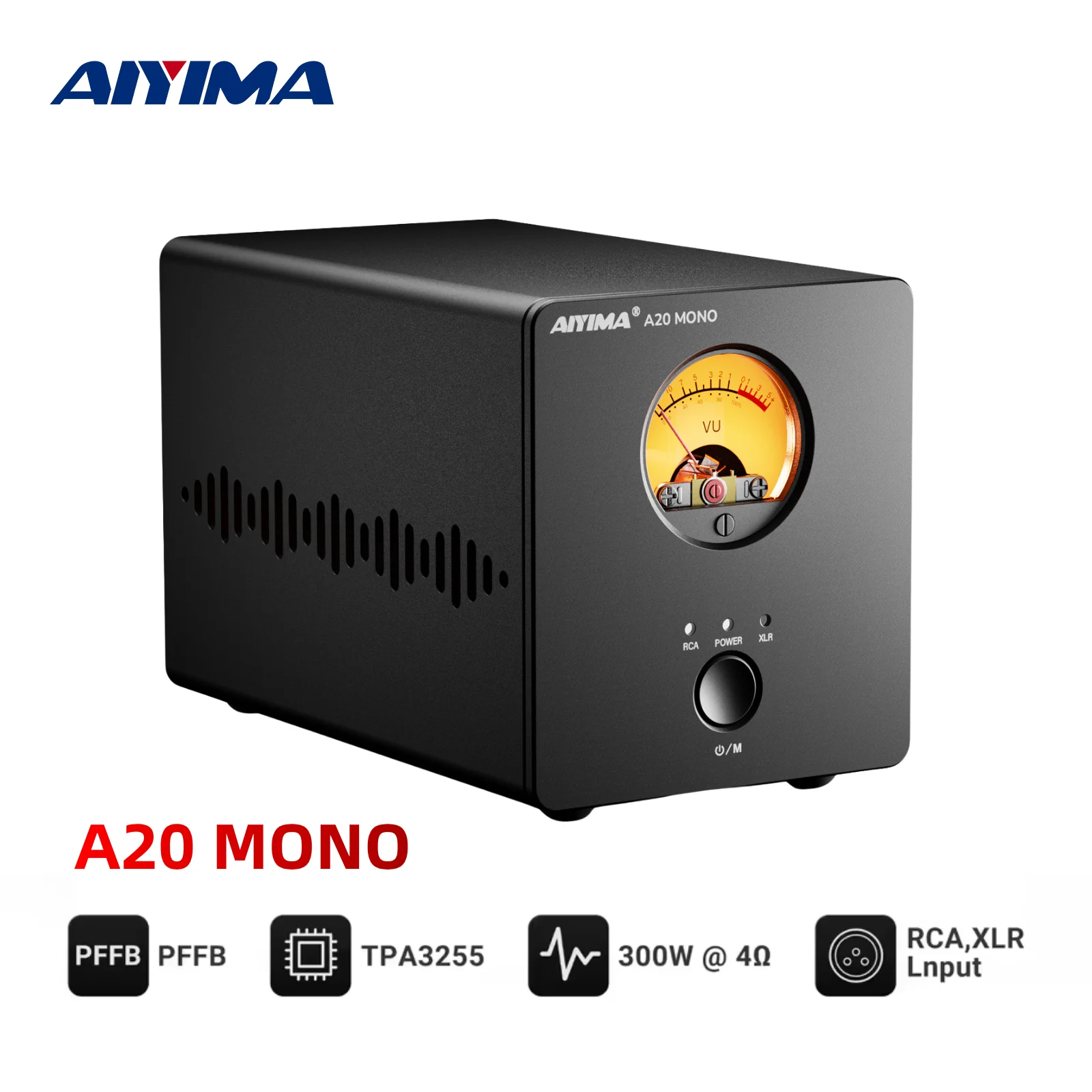 AIYIMA A20 Mono TPA3255 OPA1612 Hi-Fi Fully Balanced Mono Power Amplifier 300W 4Ω Class D Retro VU Meter HPF SUB OUT XLR PFFB