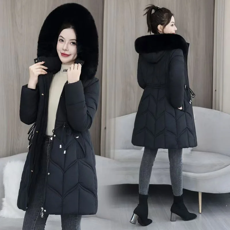 Hat Detachable Women's Winter Long Warm Cotton-padded Jacket Korean Version Of Slim Big Fur Collar Padded Cotton-padded Jacket