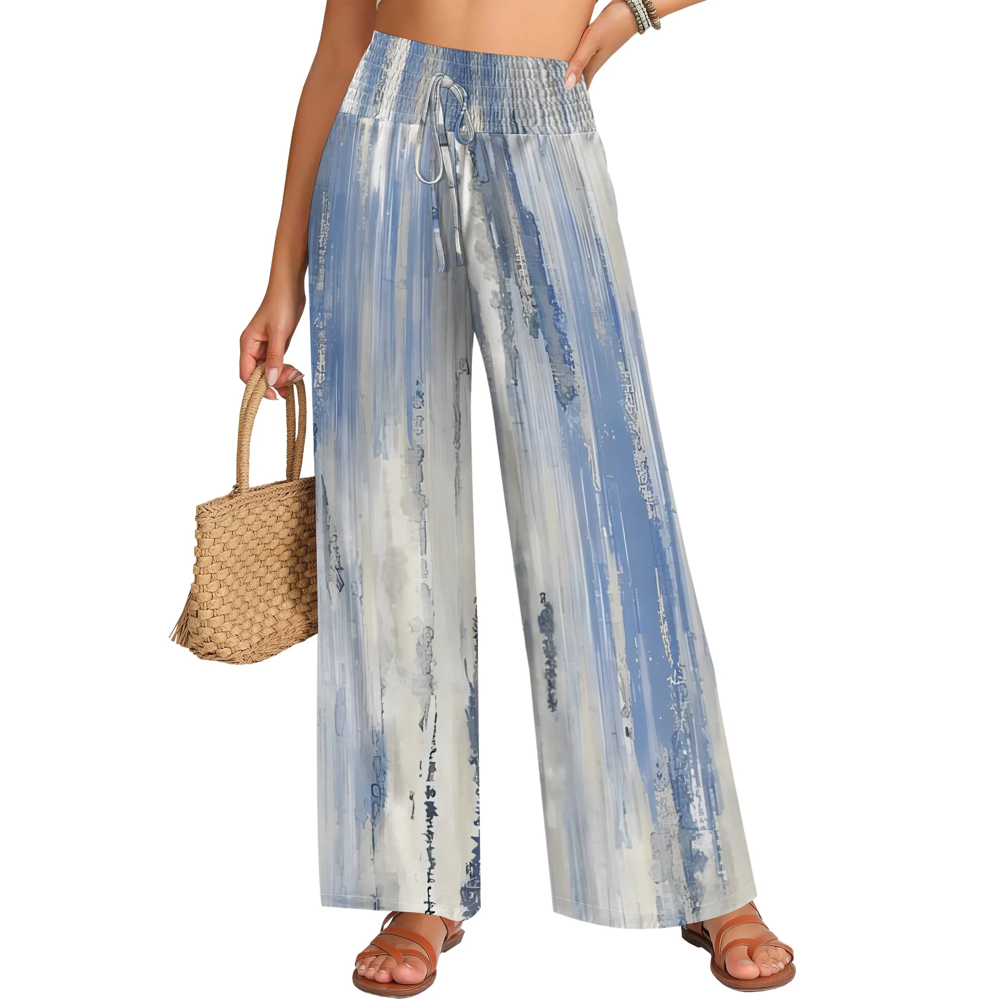 Nupusa Abstract Print Pants for Women Standard Size Summer Casual High - Waist Wide Leg Pants