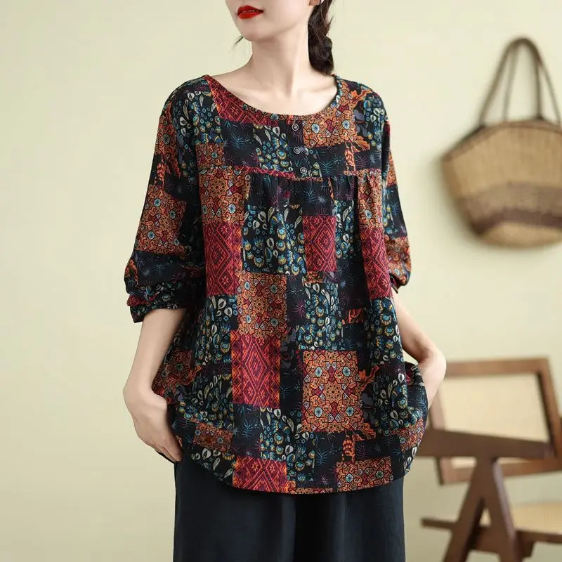 Plus Größe frauen Frühling Herbst Neue Rundhals Langarm Top Senior Mama der Lose Bauch Bedecken Gedruckt Baumwolle leinen Tragen