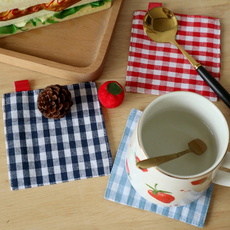 1Pcs Plaid Cotton Placemat Fabric Coaster Pure Cotton Double Layer Checkered Tea Cup Pad Square Insulation Pad Kitchen Tool