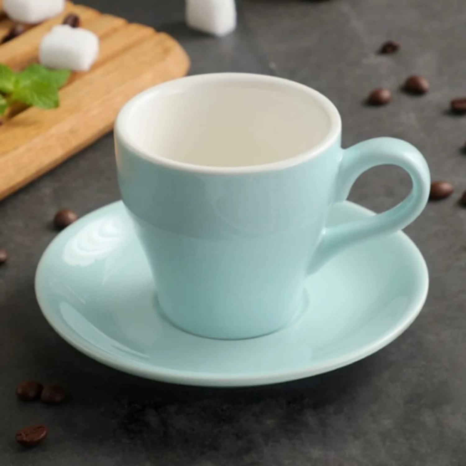 Chic and elegant sky blue ceramic espresso glass coffee cup and saucer set - Stylish and sophisticated design perfect for savori