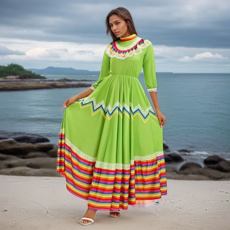 

Women's Five-color Mexican National Spanish Big Skirt Green Sweet Dress Halloween Masquerade Party Stage Performance Costume New