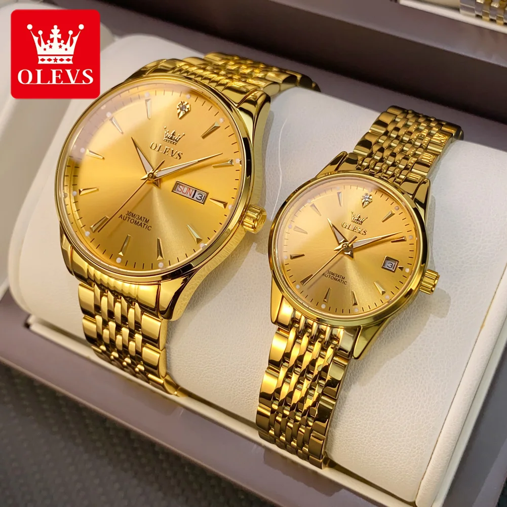 OLEVS 6635 Couple Pair Watch Automatic for Men and Women His and Hers Watches Set Gifts Mechanical Watch Men Women Dual Calendar