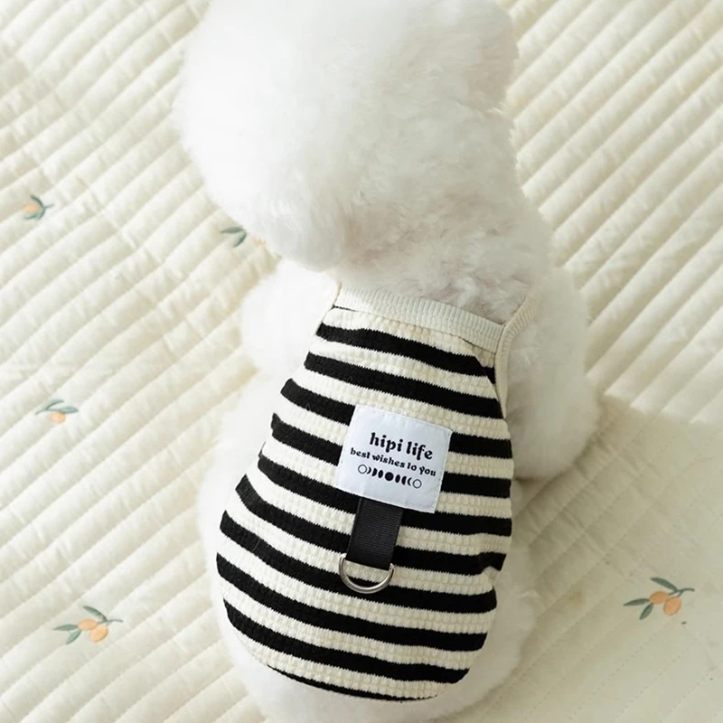 

Black and White Striped Pet Sling French Leashable Dog Clothes Summer Cute Teddy Vest Maltese Fashion Sleeveless Clothes