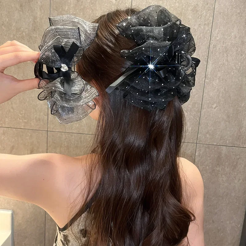 Elegant Black Starry Cloud Bubble Rhinestone Hair Clip With Double-Sided Bow Tie Ponytail Hair Claw Women Hair Accessories Gift