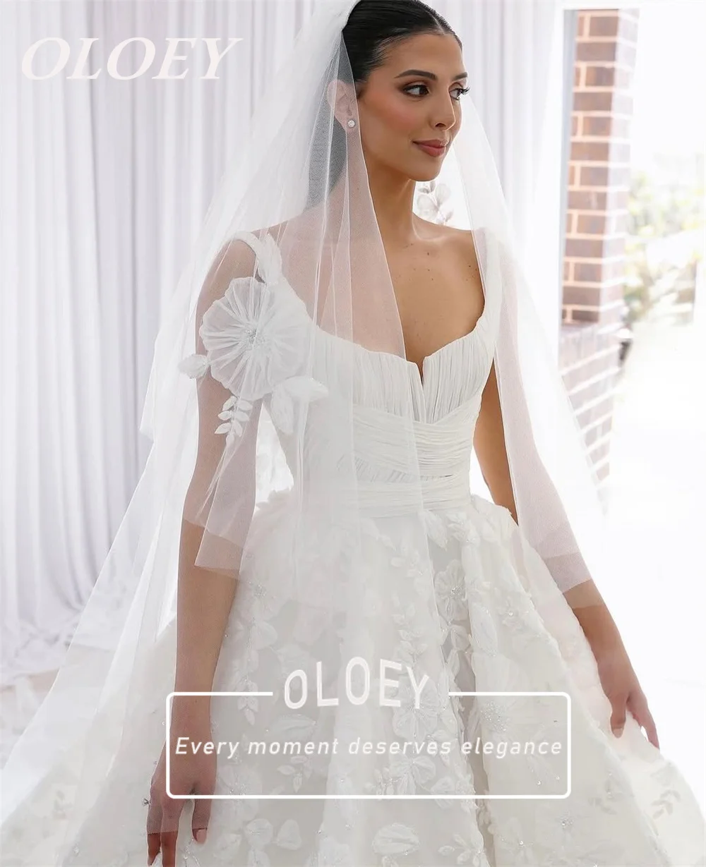 OLOEY Luxury Lace A-line Wedding Dresses Pleated Flowers Square Collar Bridal Gown Customized Vestido De Noiva Sweep Train