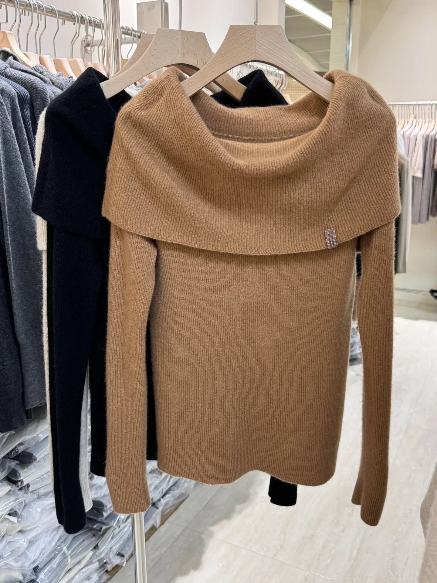 Autumn Winter B*C Cashmere Thin Knitted Pullover Sweater Slash Neck Bottoming Shirt Casual Pullover Top's