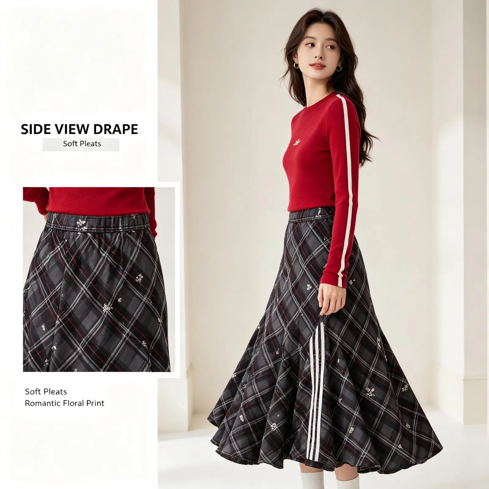 Adidas 2026 New Women Women Black Floral Pleated Midi Skirt High Waist Print Skirt Casual Elegant Streetwear KT6381