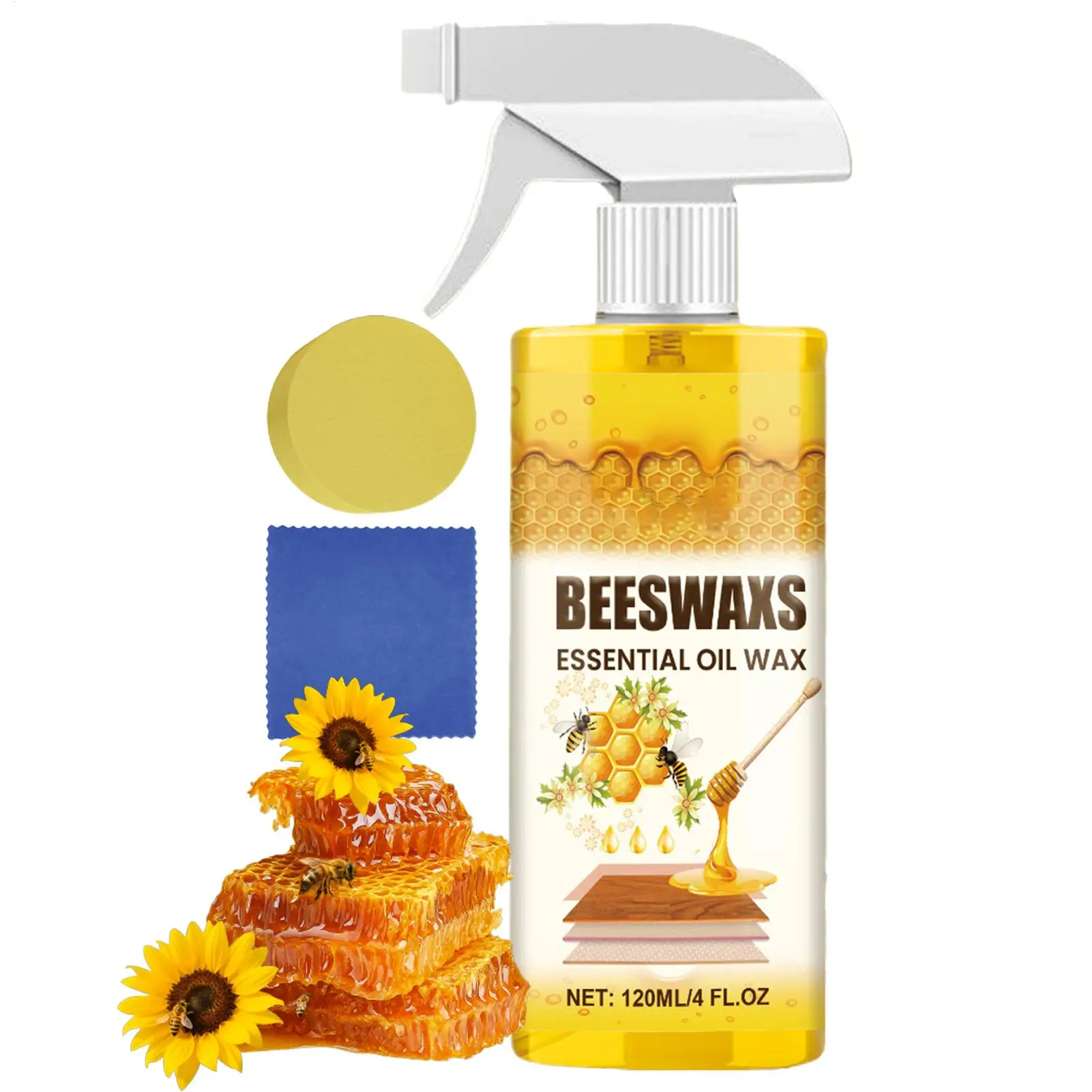 120ml Beeswax Wood Polishing Spray Wood Cleaning Spray Deep Nourishing Natural Wooden Furniture Shine Restorer with Sponge