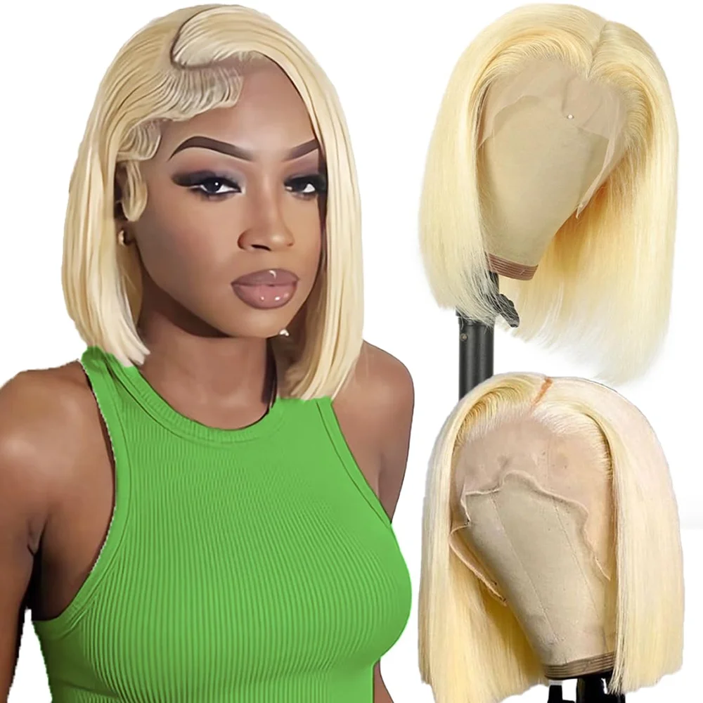 Perruques Bob Blondes Lisses en Cheveux Humains avec Dentelle Frontale, Perruque Bob Colorée 613 pour Femmes, Perruques Brésiliennes à Fermeture en Dentelle Transparente, Perruque Courte Bob Lisse en Cheveux Humains, Perruques Blondes 613 en Cheveux Humains avec Dentelle Frontale