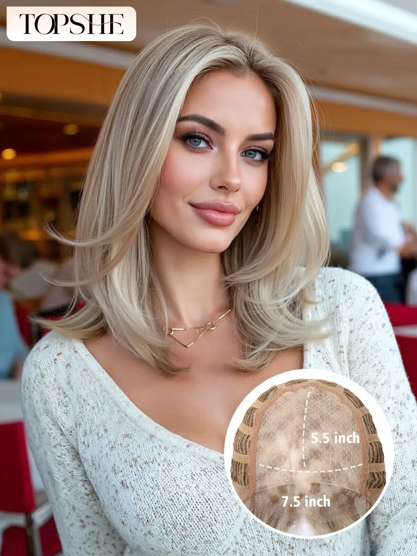 

TOPSHE Mono Glueless Lace Front Wig, Khaki Beige Straight Hair, Silver Highlight Long Hair, Natural Daily Wear, Heat Resistant