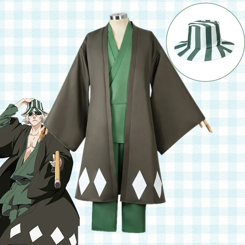 

Hot Anime Bleach Cosplay Urahara Kisuke Gotei 13 Costume Kimono Uniform Cape Top Pants Hat Suit For Halloween Carnival Party