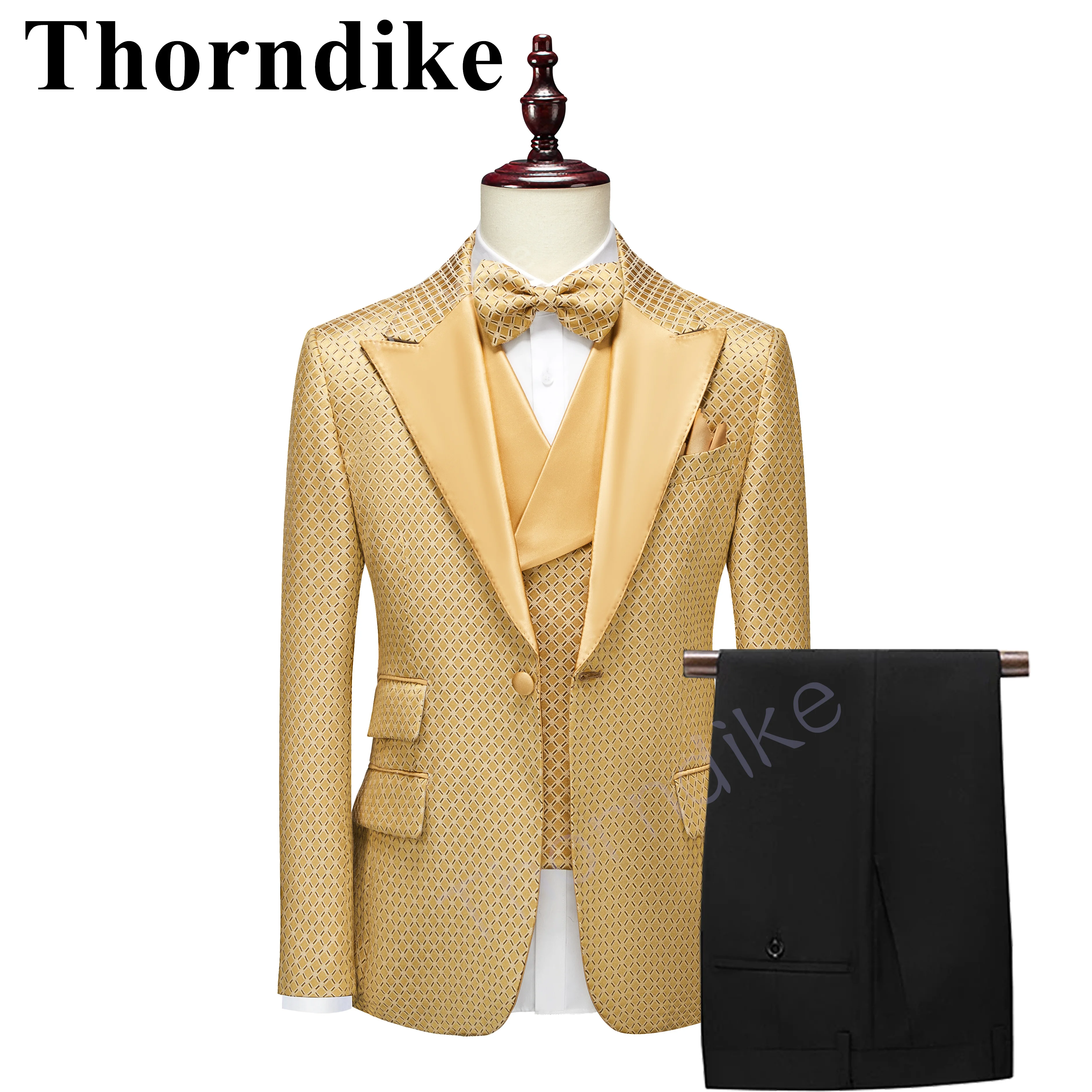 Thorndike New Men\'s Green Fashion Jacquard Special Fabric Suit Custom Groom Suit Wedding Tuxedo Elegant 3 Piece Set