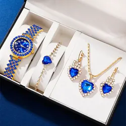 6PCS Set Luxury Watch Women Blue Ring Necklace Earring Rhinestone Fashion Wristwatch Casual Ladies Watches Bracelet Set Clock