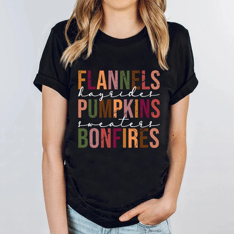 Flannels Hayrides Pumpkins Sweatest Bonfires Print T-shirts For Women Short Sleeves Halloween T-shirt Fall Tees Ladies Loose Top