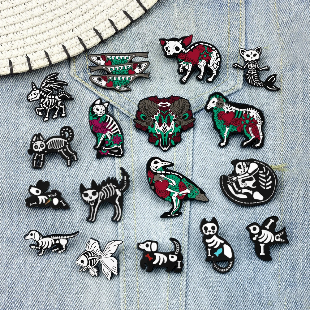 Personality Punk Skeleton Animal Enamel Pin Colorful Cat Dog Sheep Bird Mermaid Dinosaur Fossils Badge Gothic Denim Lapel Brooch