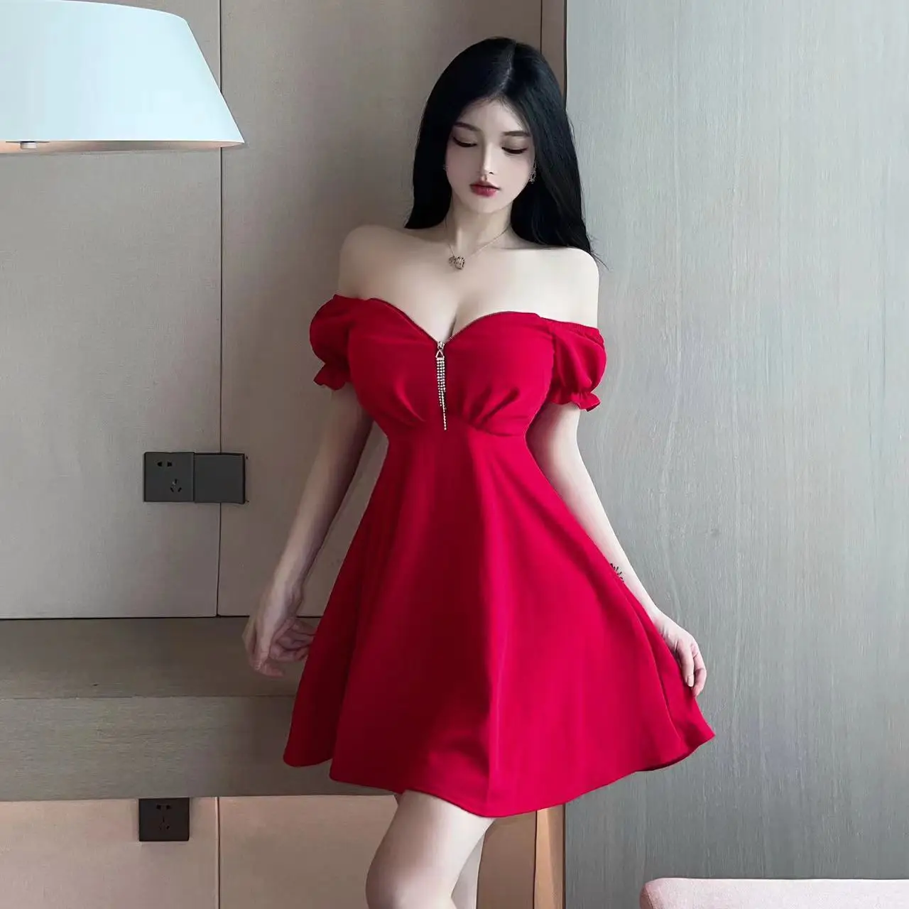 Sexy Low Cut V Ne High Waist a Line ort Dr Evening Club Women's Work orm Dr Korean Sle Commute Bubble Sve